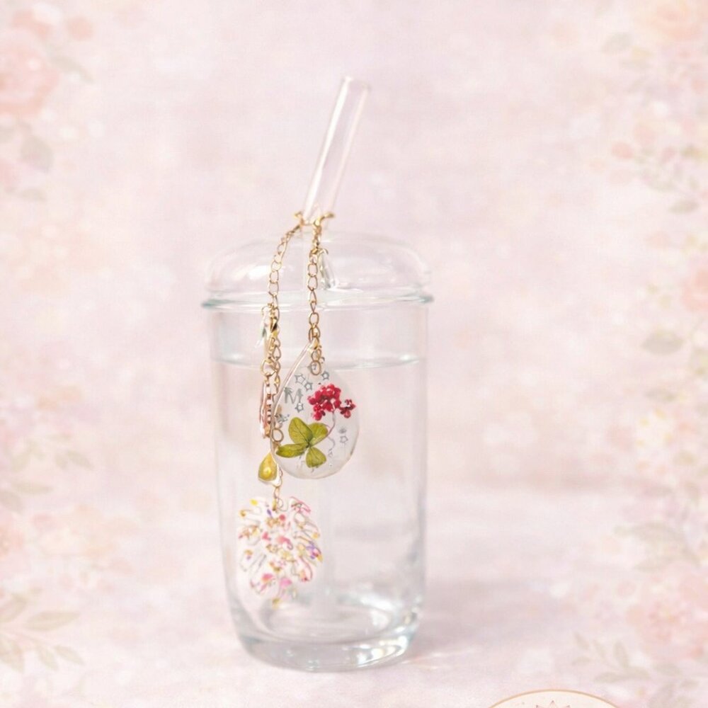 16oz Glass Cup with Glass Straw, Gold Chain Charms & Epoxy Pendants – Gift-Ready